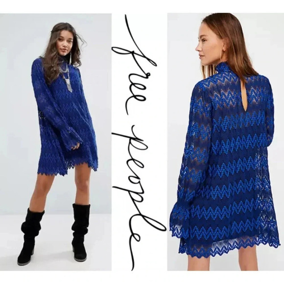 Free People Simone Mock Neck Dress Chevron Lace Cobalt Royal Blue Size M - Picture 1 of 5